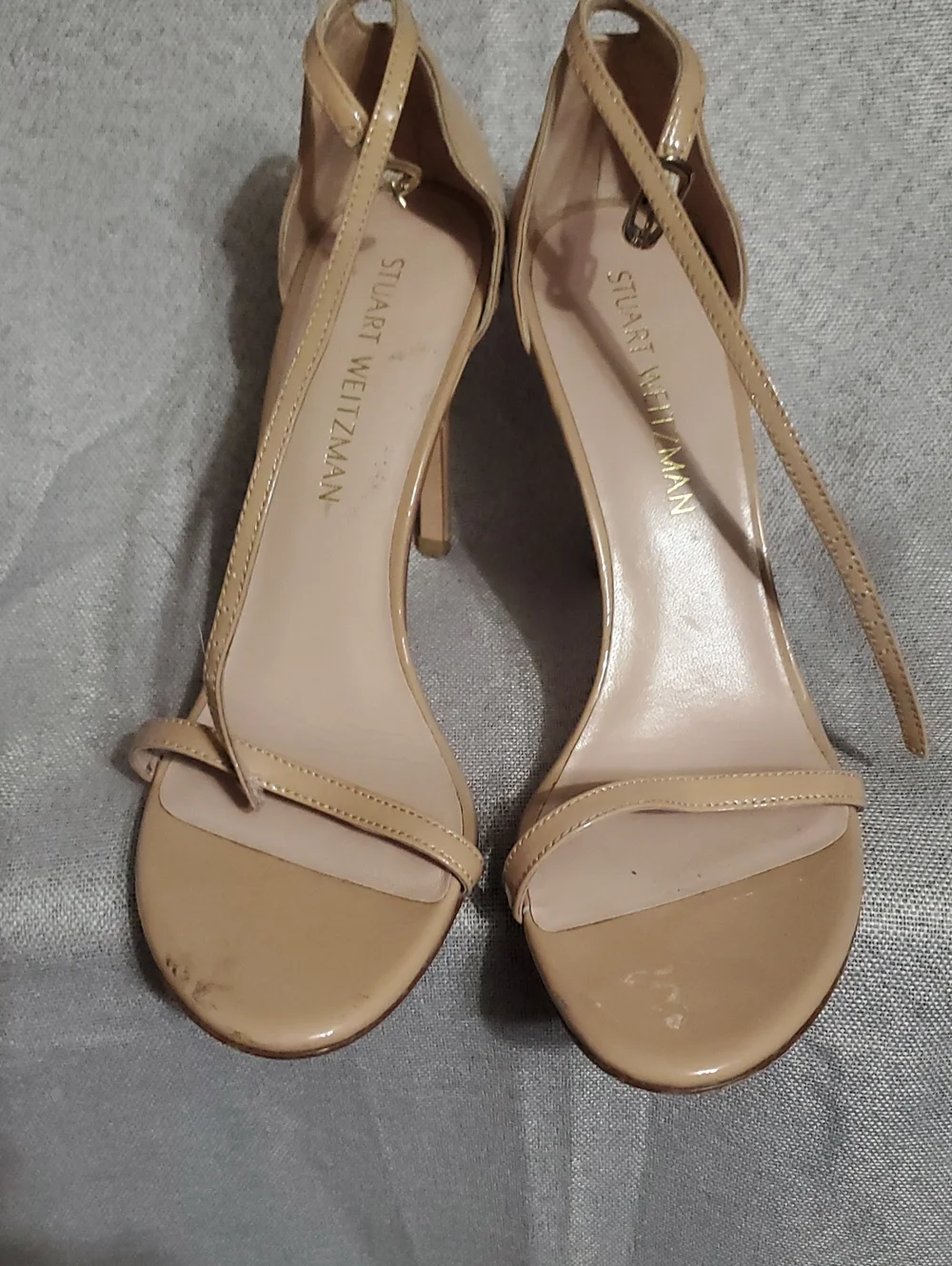 Stuart Weitzman Beige Patent Leather Strappy Sandals